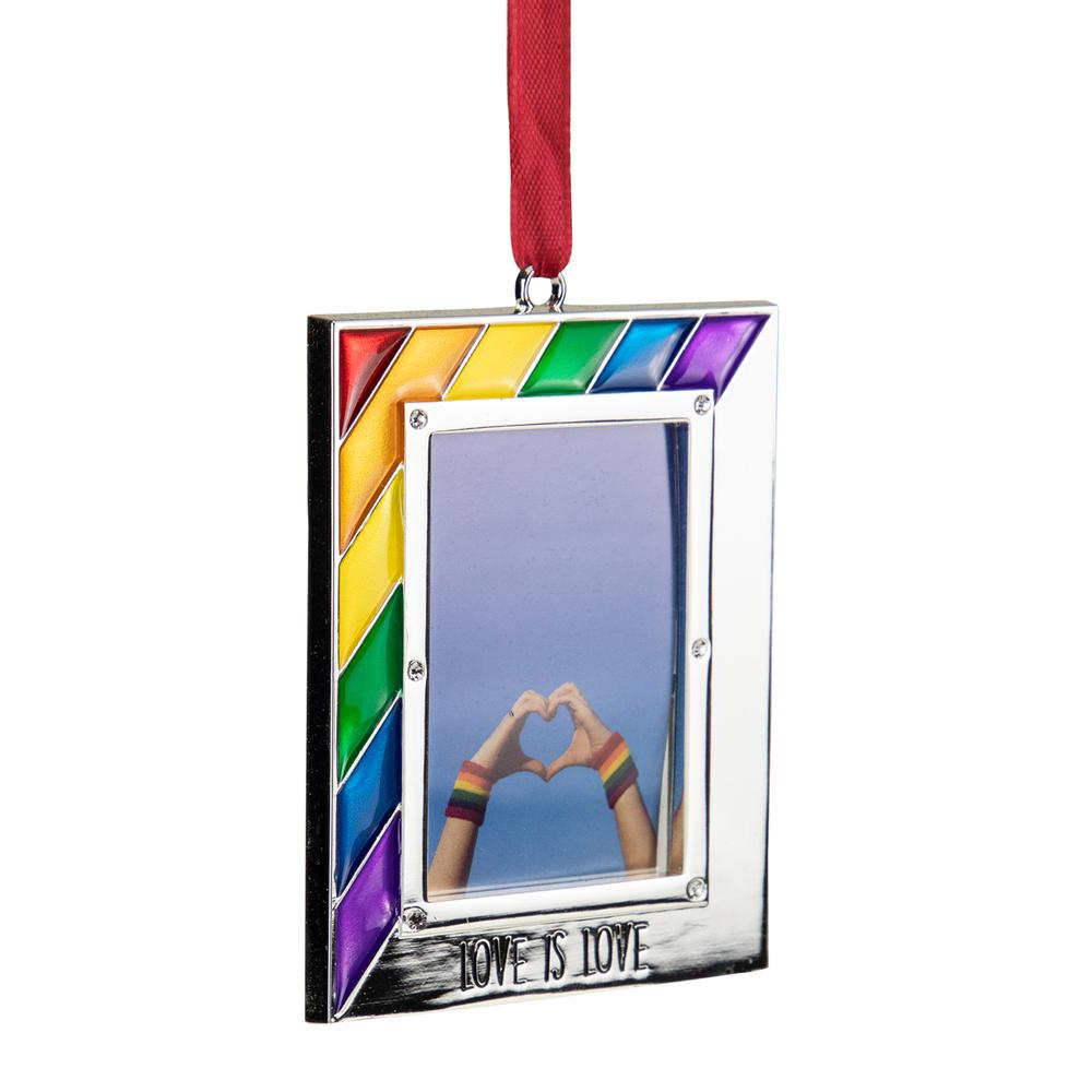 3.5" Silver-Plated Love is Love Frame Pride Christmas Ornament with Crystals. Picture 4