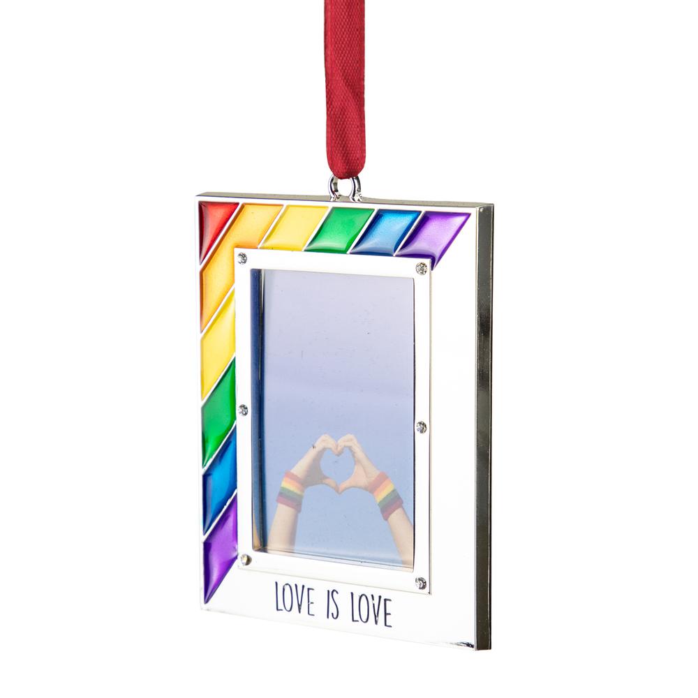3.5" Silver-Plated Love is Love Frame Pride Christmas Ornament with Crystals. Picture 3