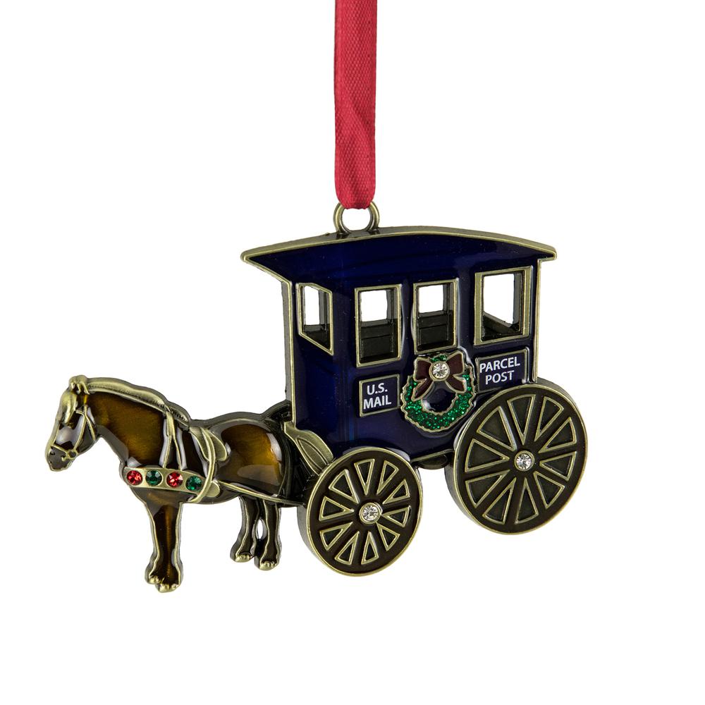 3.25" U.S. Mail Parcel Horse and Buggy Christmas Ornament with European Crystals. Picture 1