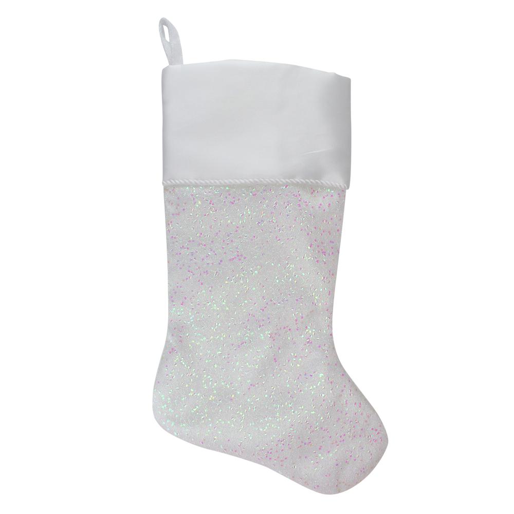 22.25" White with Pink Iridescent Glitter Christmas Stocking with Satin Cuff. Picture 1
