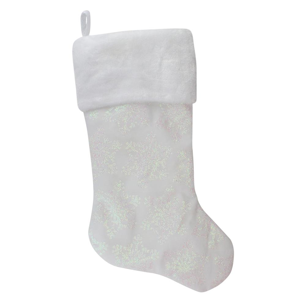 22" LED Lighted White Iridescent Glittered Snowflake Christmas Stocking. Picture 1