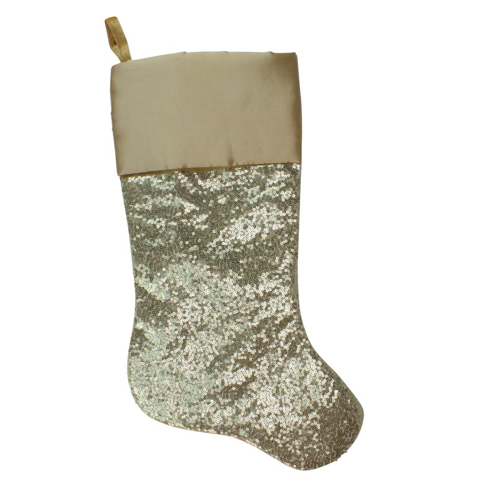 22" Golden Metallic Sequined Christmas Stocking with Satin Cuff. The main picture.
