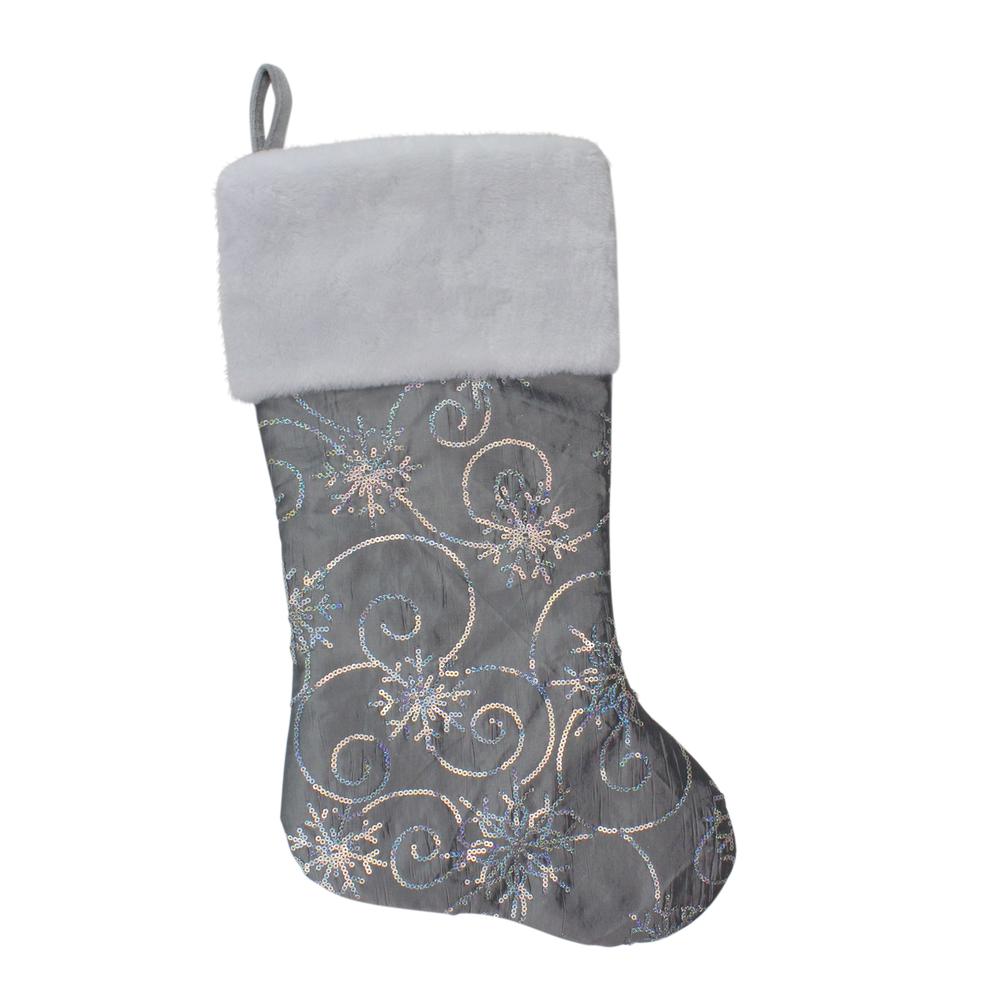 22" Silver Metallic Sequined Christmas Stocking with Faux Fur Cuff. The main picture.