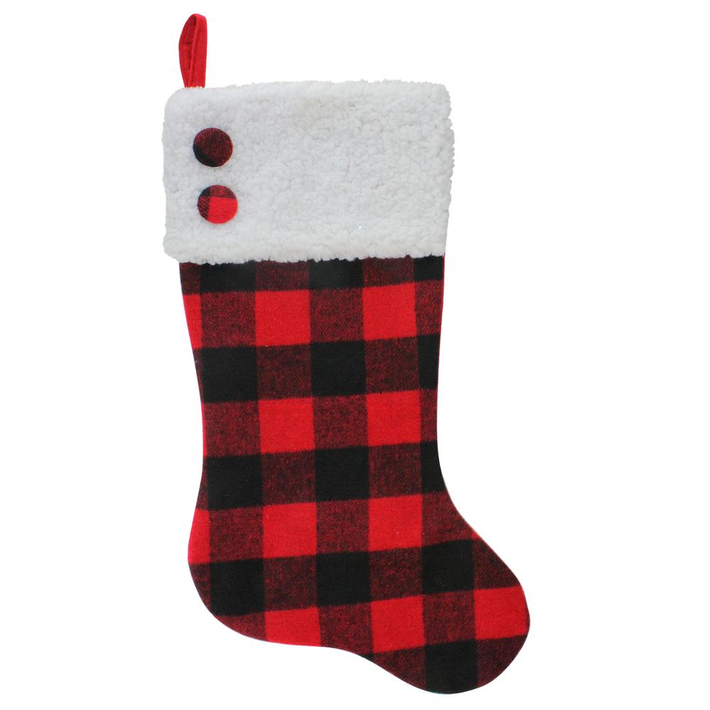 23" Black and Red Rustic Buffalo Plaid Christmas Stocking. Picture 1