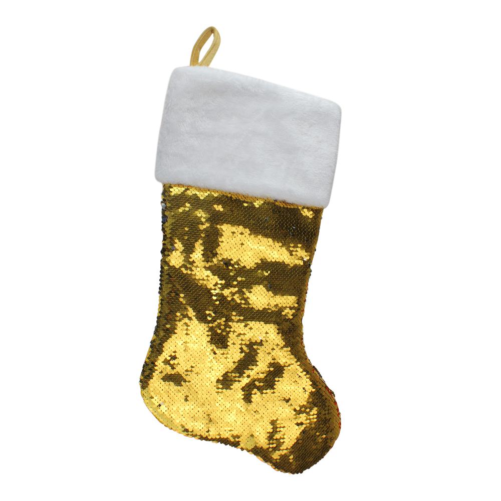 22.75" Gold and Silver Reversible Sequined Christmas Stocking. Picture 1