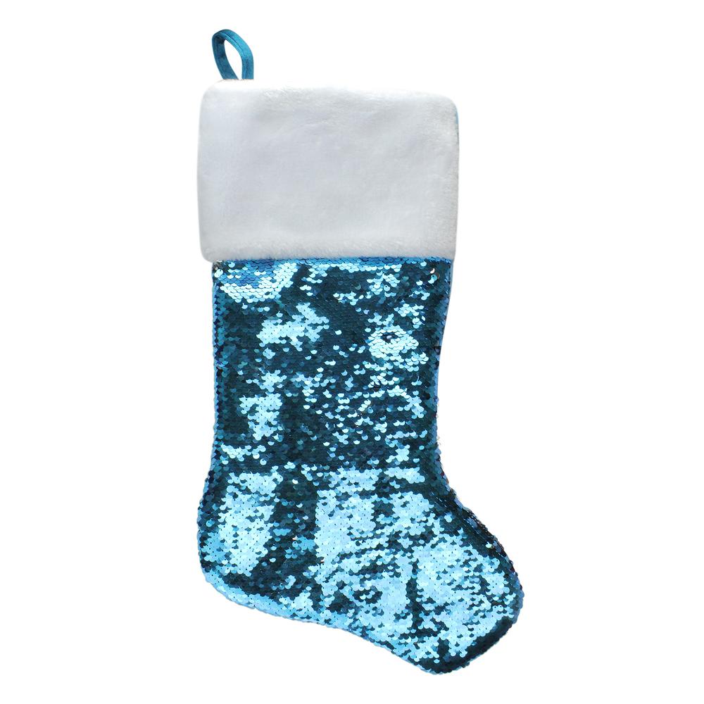22.75" Sky Blue and Silver Reversible Sequined Christmas Stocking with Faux Fur Cuff. Picture 1