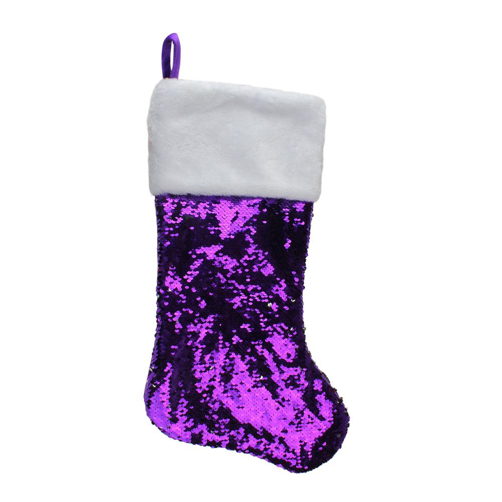 23.25" Purple and Silver Reversible Sequined Christmas Stocking with Faux Fur Cuff. Picture 1