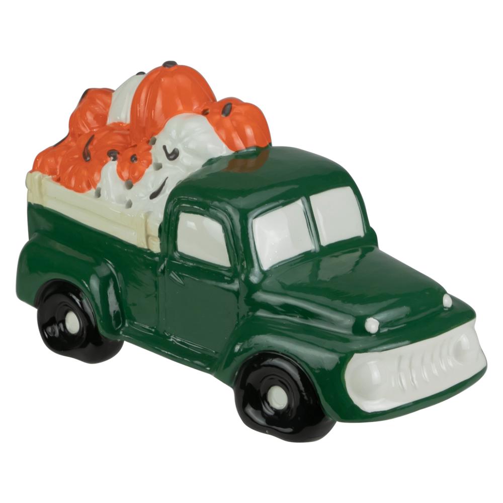 9.5" LED Lighted Green Ceramic Truck Hauling Pumpkins Autumn Harvest Decoration. The main picture.