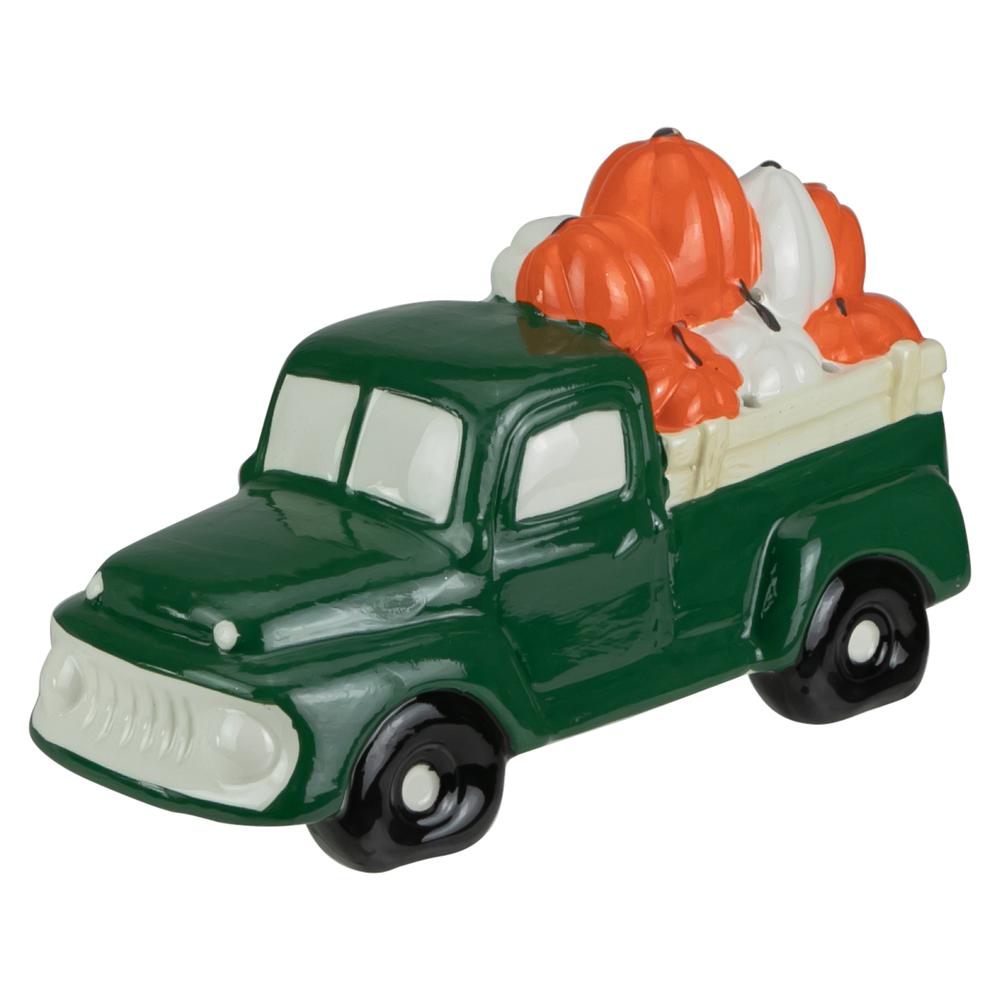 9.5" LED Lighted Green Ceramic Truck Hauling Pumpkins Autumn Harvest Decoration. Picture 3