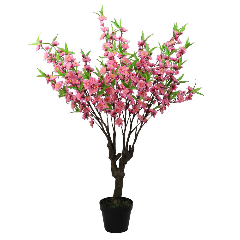 43.5" Potted Pink and Green Floral Peach Blossom Artificial Christmas Tree - Unlit. Picture 1