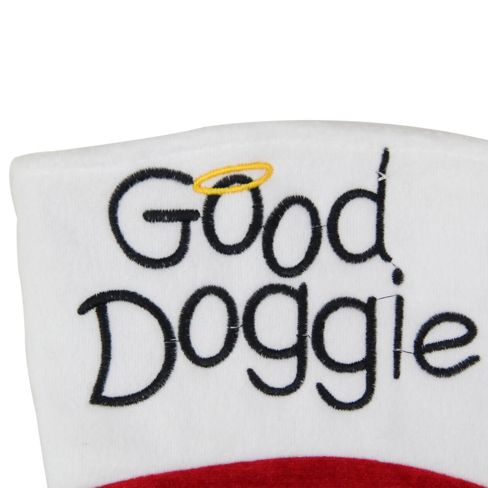 19" Red and White Embroidered Halo "Good Doggie" Christmas Stocking with Cuff. Picture 2