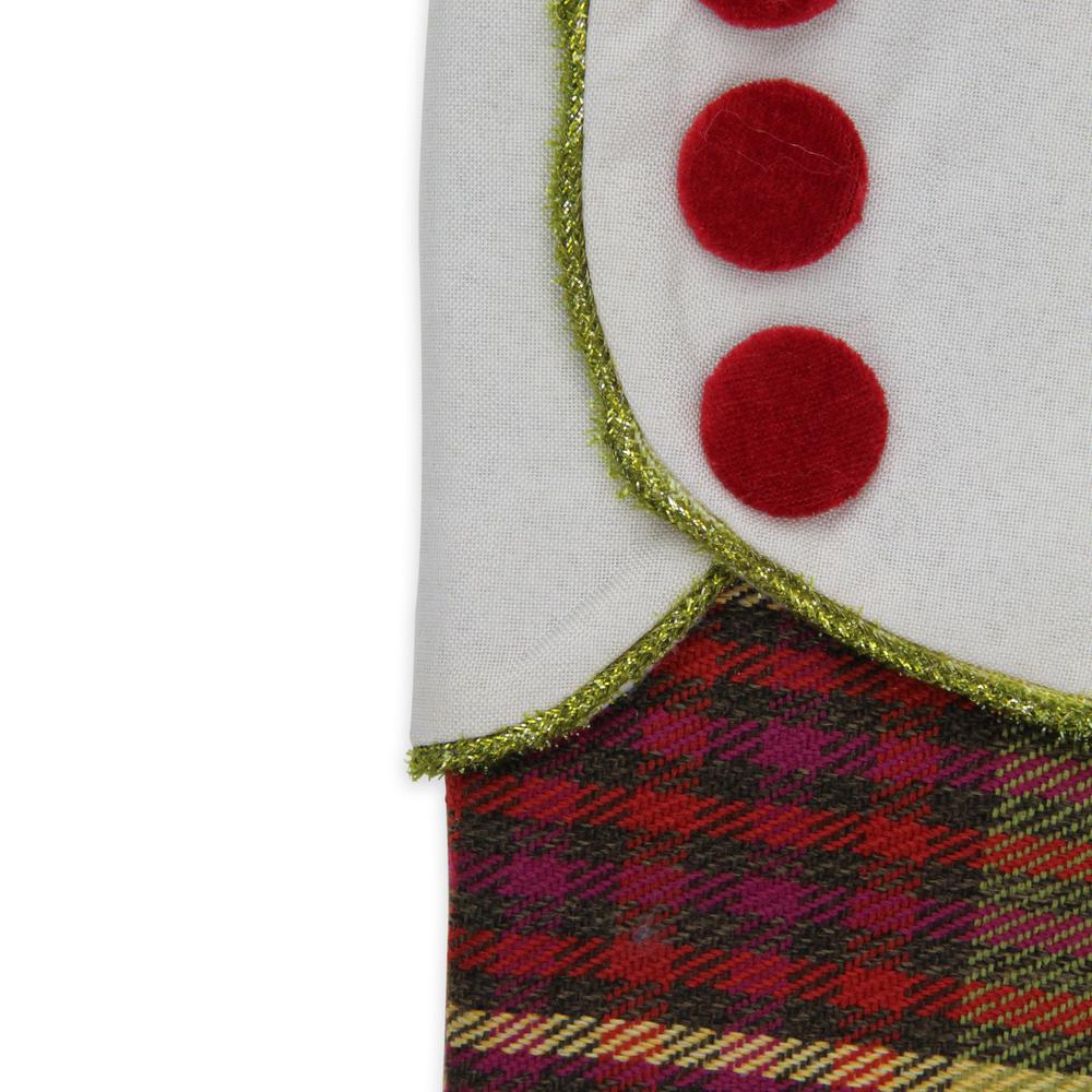 19" Multi-Color Plaid Christmas Stocking with Green and Yellow Trim and Red Buttons. Picture 2