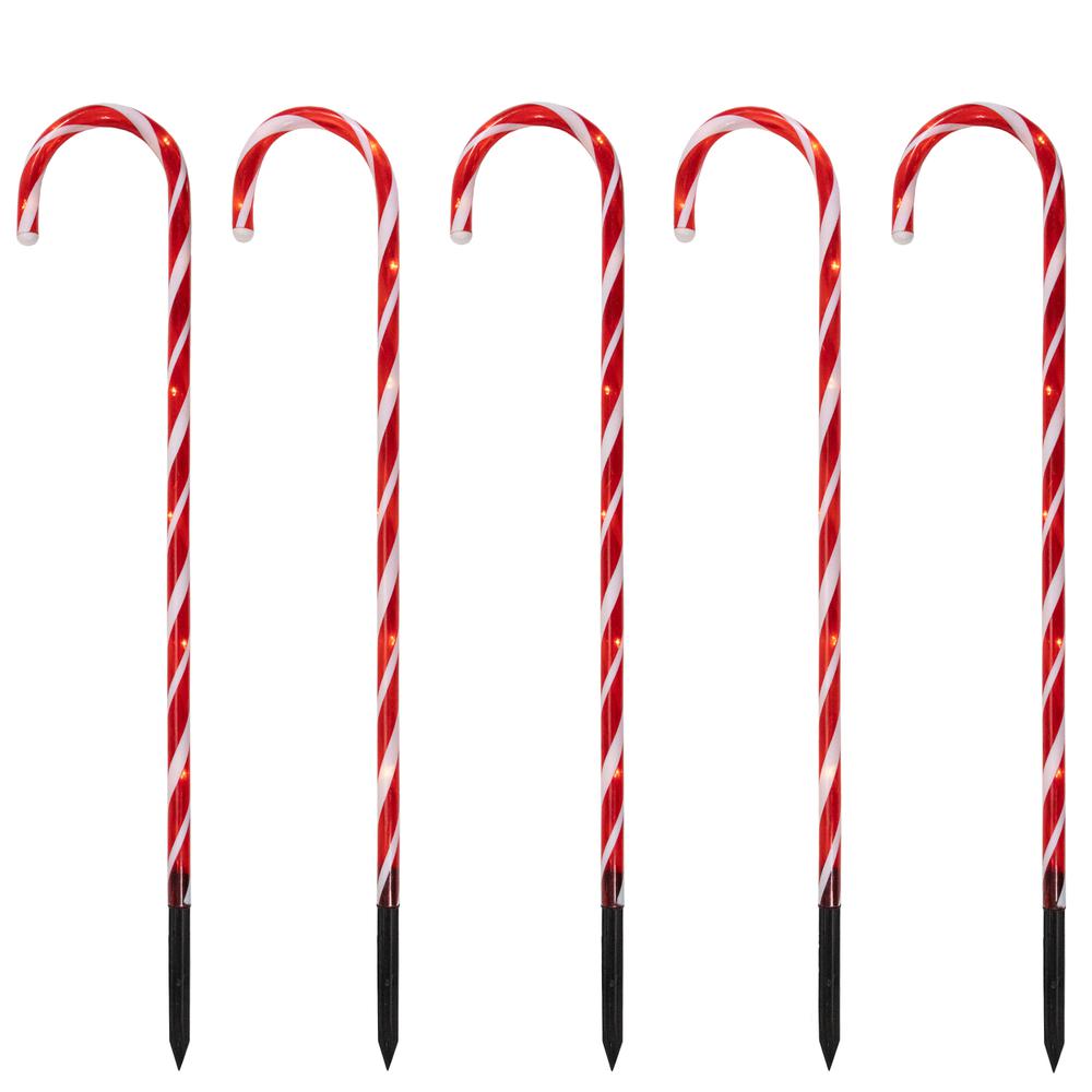 Set of 5 Red Lighted Candy Cane Christmas Lawn Stakes 28". Picture 1