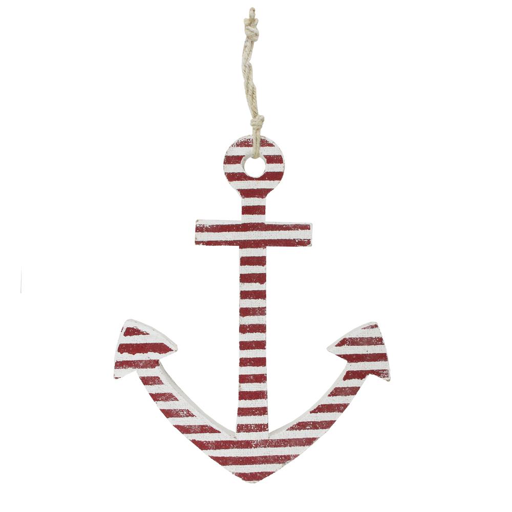 15.75" Red and White Striped Nautical Anchor with Hanging Rope Wall Art. Picture 1