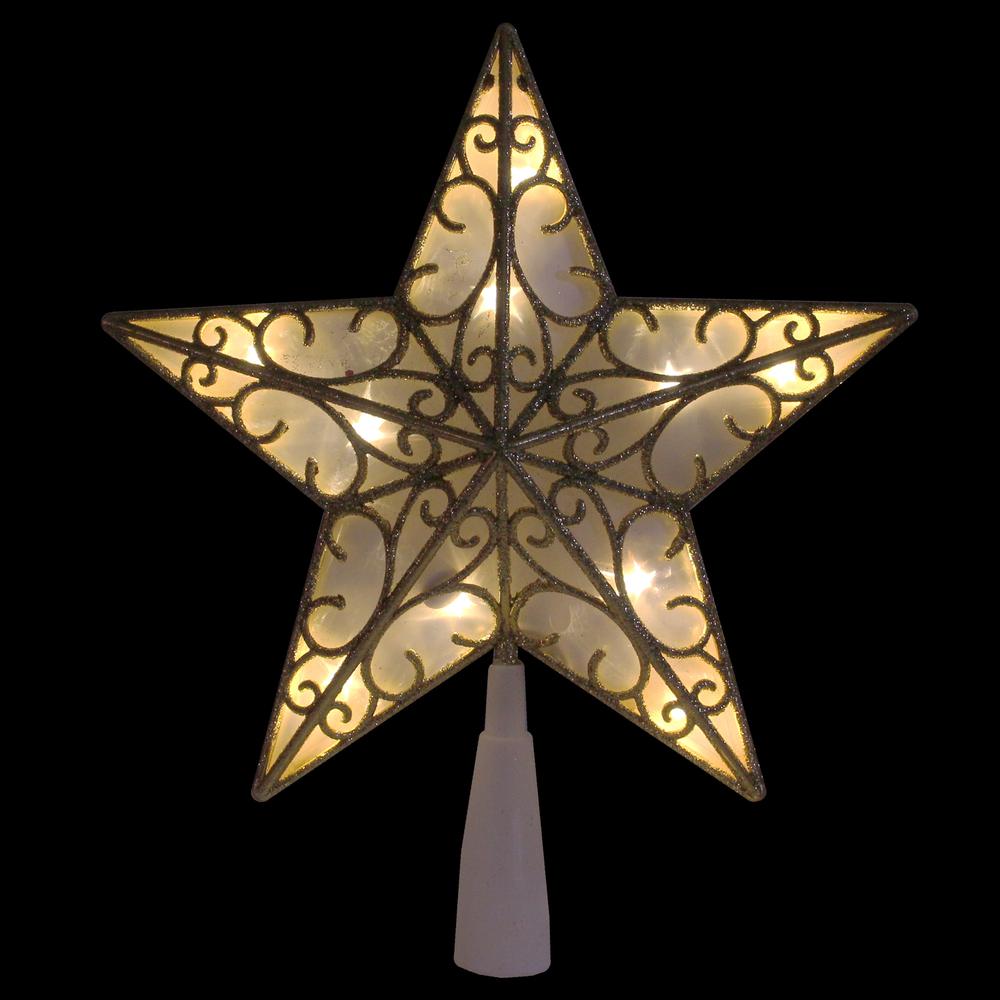 9" Gold and White Glittered Star LED Christmas Tree Topper - Warm White Lights. Picture 2