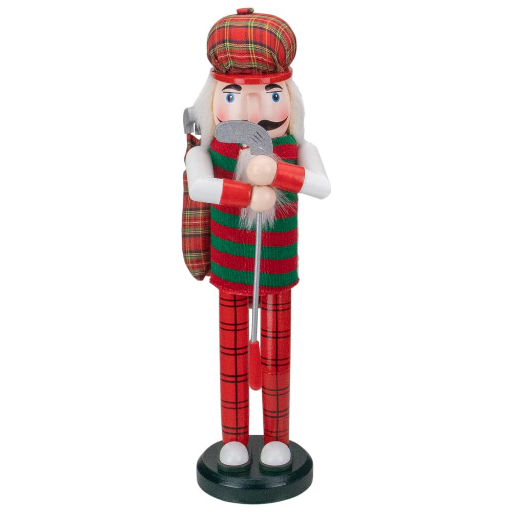 14" Red and Green Plaid Wooden Golfer Christmas Nutcracker. Picture 1
