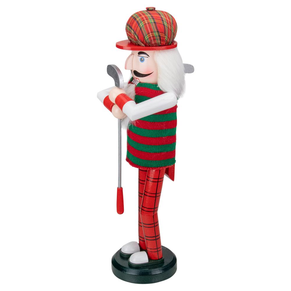 14" Red and Green Plaid Wooden Golfer Christmas Nutcracker. Picture 4