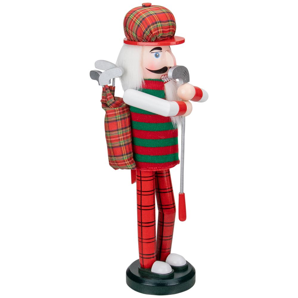14" Red and Green Plaid Wooden Golfer Christmas Nutcracker. Picture 3