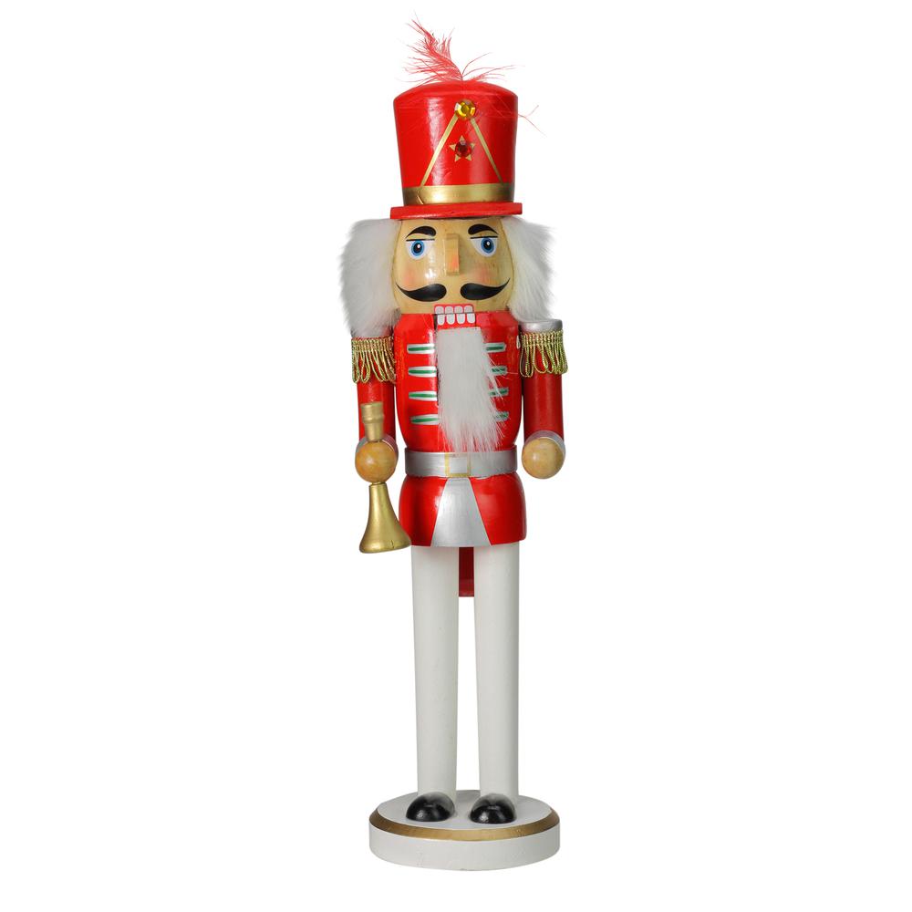 14" Red and White Wooden Christmas Nutcracker with Horn. Picture 1