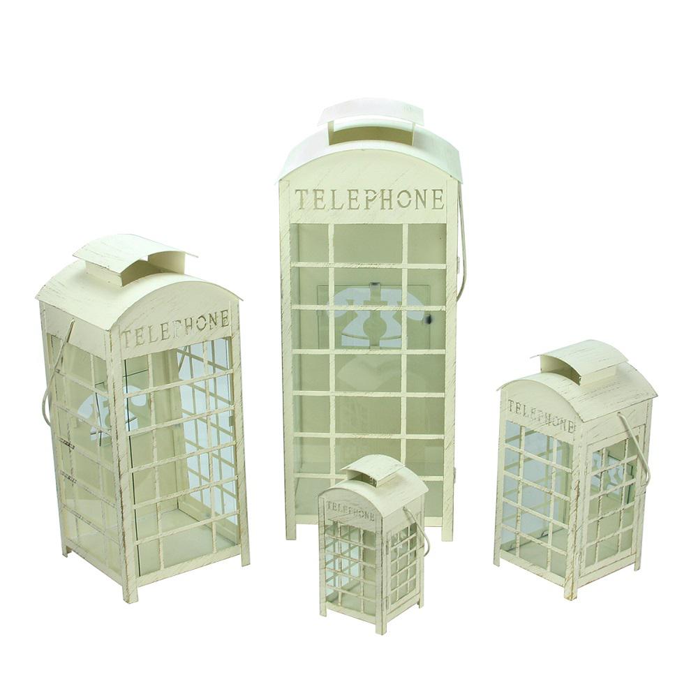 Set of 4 Weathered Cream and Gold Telephone Booth Glass Pillar Candle Lanterns 8.75" - 25". Picture 1
