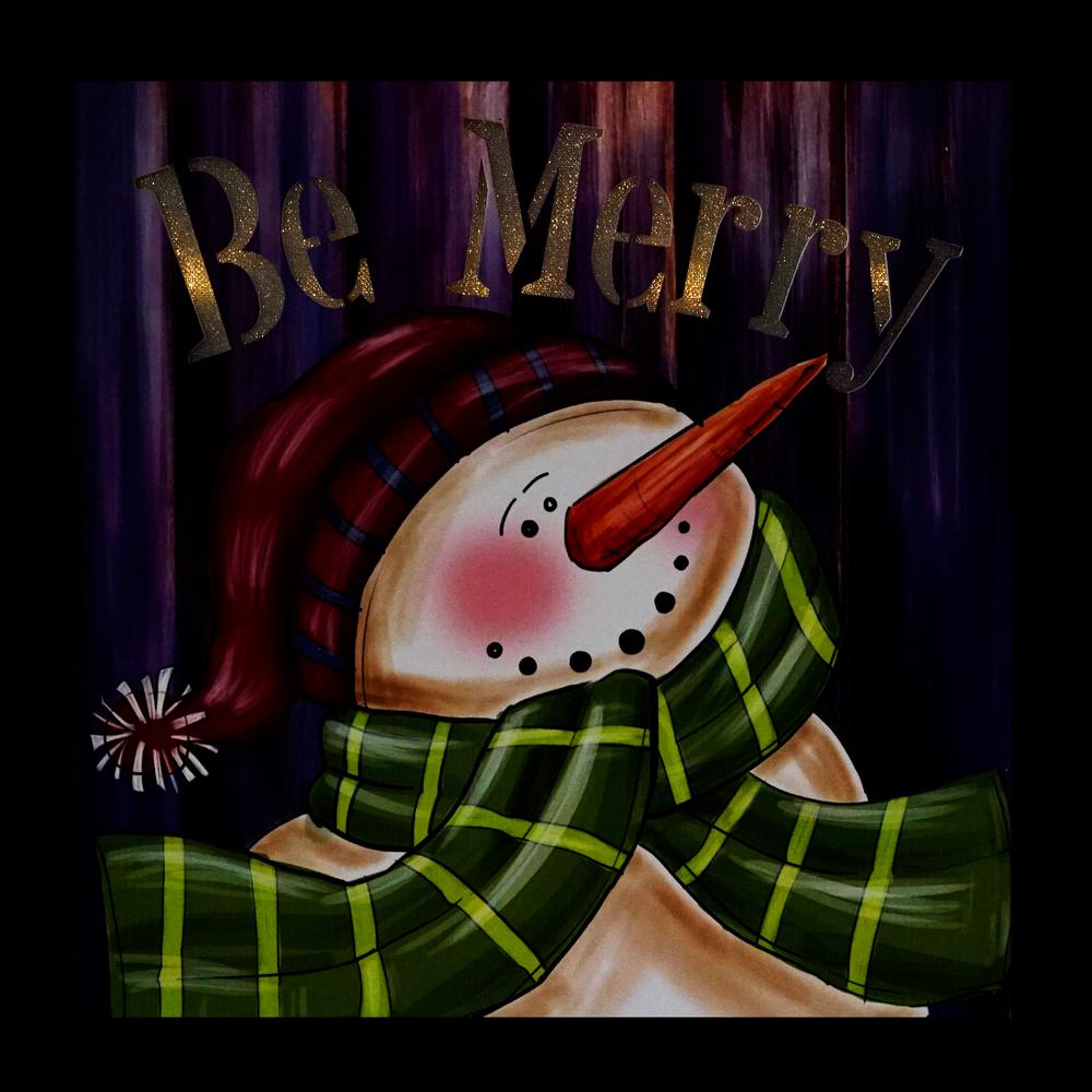 LED Lighted "Be Merry" Smiling Snowman Christmas Canvas Wall Art 11.75" x 11.75". Picture 2
