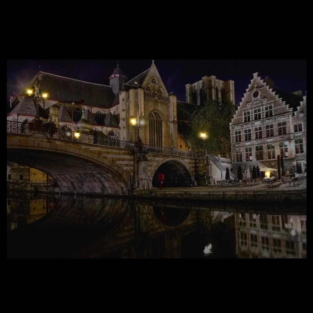 LED Lighted Famous St. Michael's Bridge and Church in Ghent  Belgium Canvas Wall Art 15.75" x 23.5". Picture 2