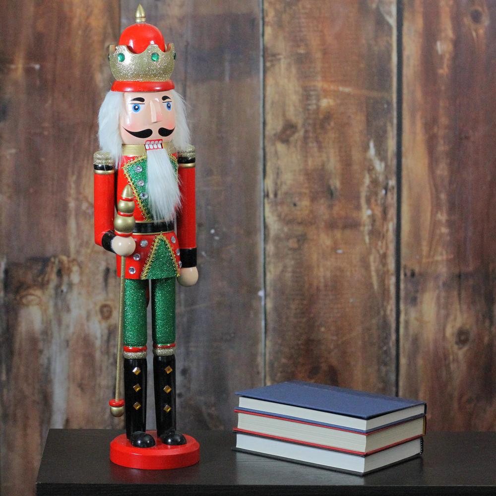 24" Red and Green Wooden Christmas Nutcracker King with Scepter. Picture 4