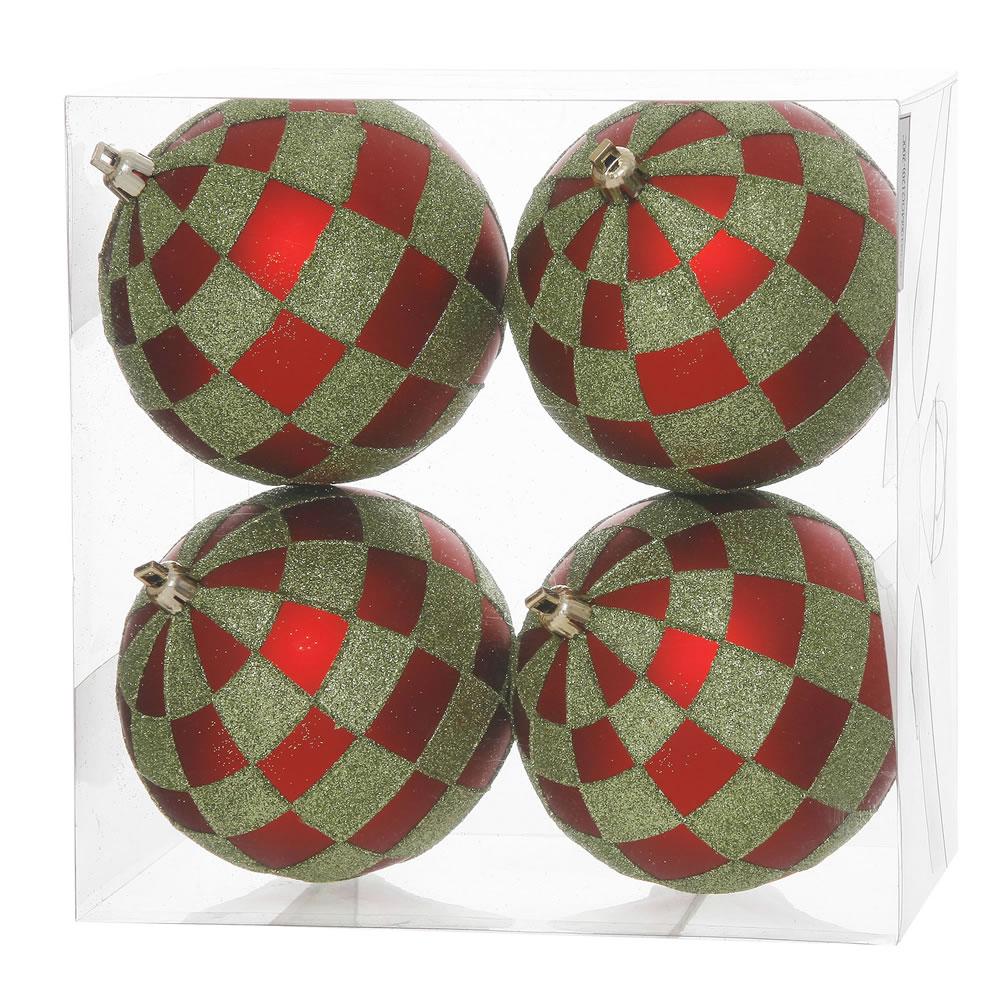4ct Red and Green Shatterproof 2-Finish Checkered Christmas Ball Ornaments 4" (100mm). Picture 1