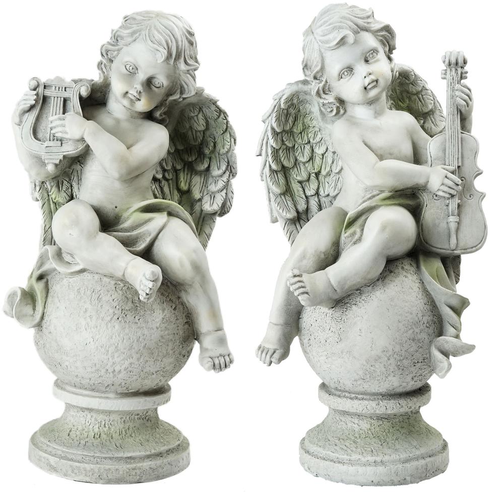 14.75" Ivory Set of 2 Cherub Angels with Violin and Harp Sitting on Finials Outdoor Garden Statues. Picture 1