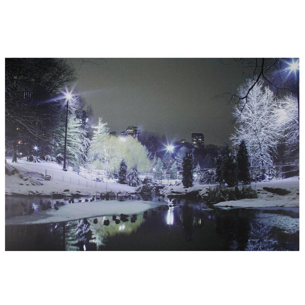 23.5" LED Lighted Nighttime City Park Winter Scene Canvas Wall Art. Picture 1