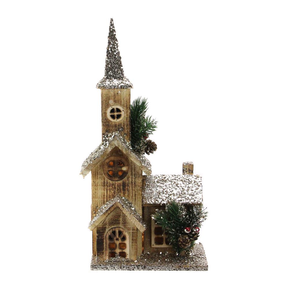 16.75" LED Lighted Country Rustic Brown Church Christmas Decoration. Picture 1