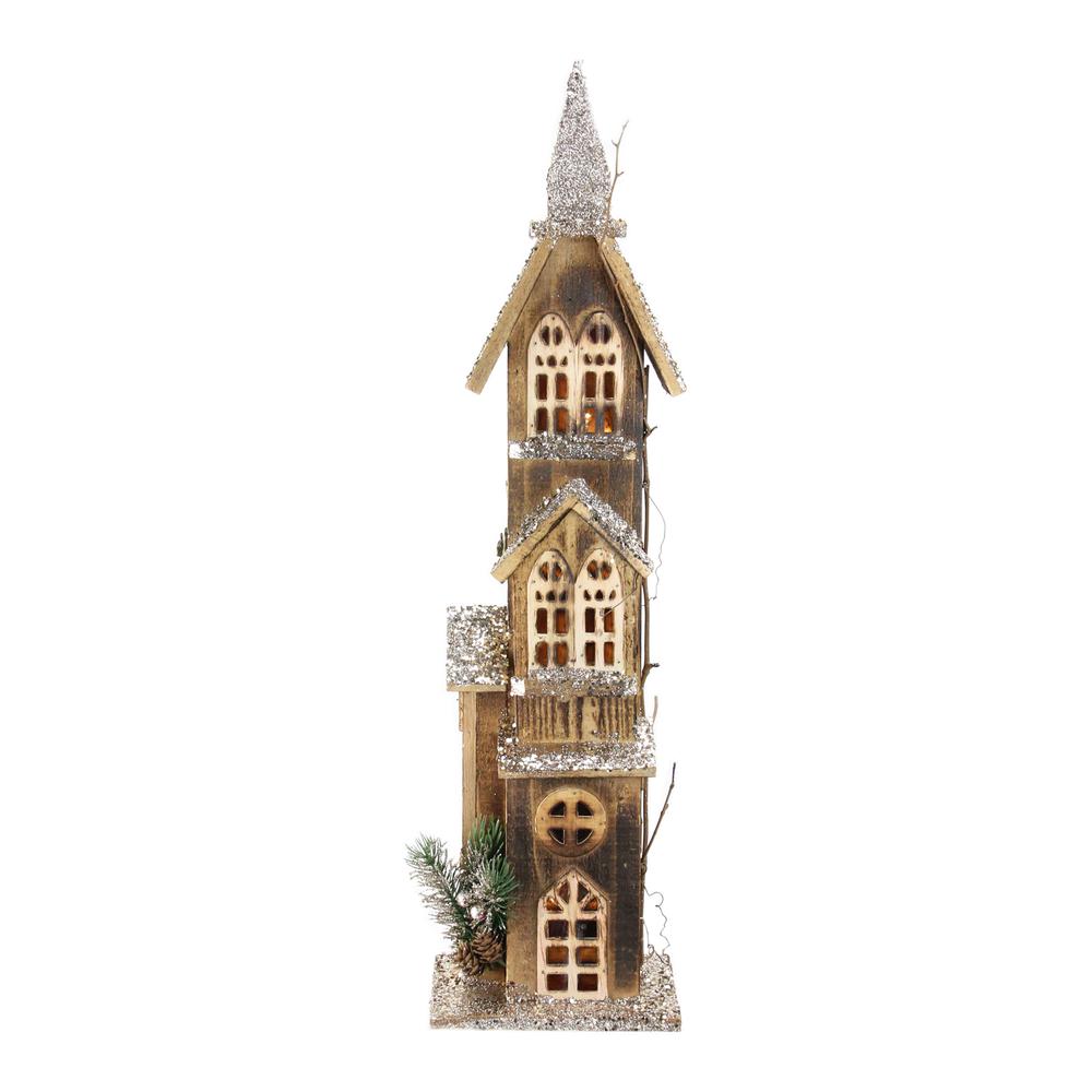 24.5" LED Lighted 3-Tier Brown Wooden Church Christmas Decoration. Picture 1