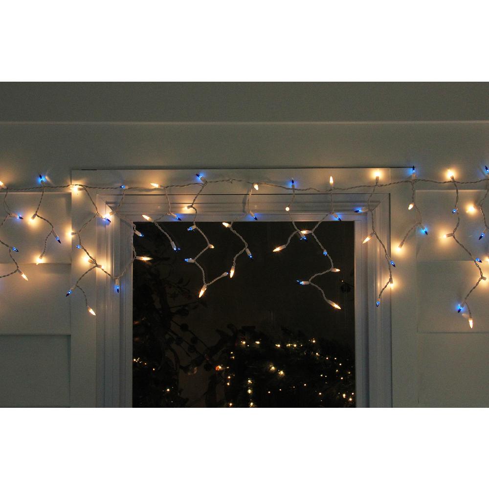 100 Blue and Clear Mini Icicle Christmas Lights - 5.75ft White Wire. Picture 3
