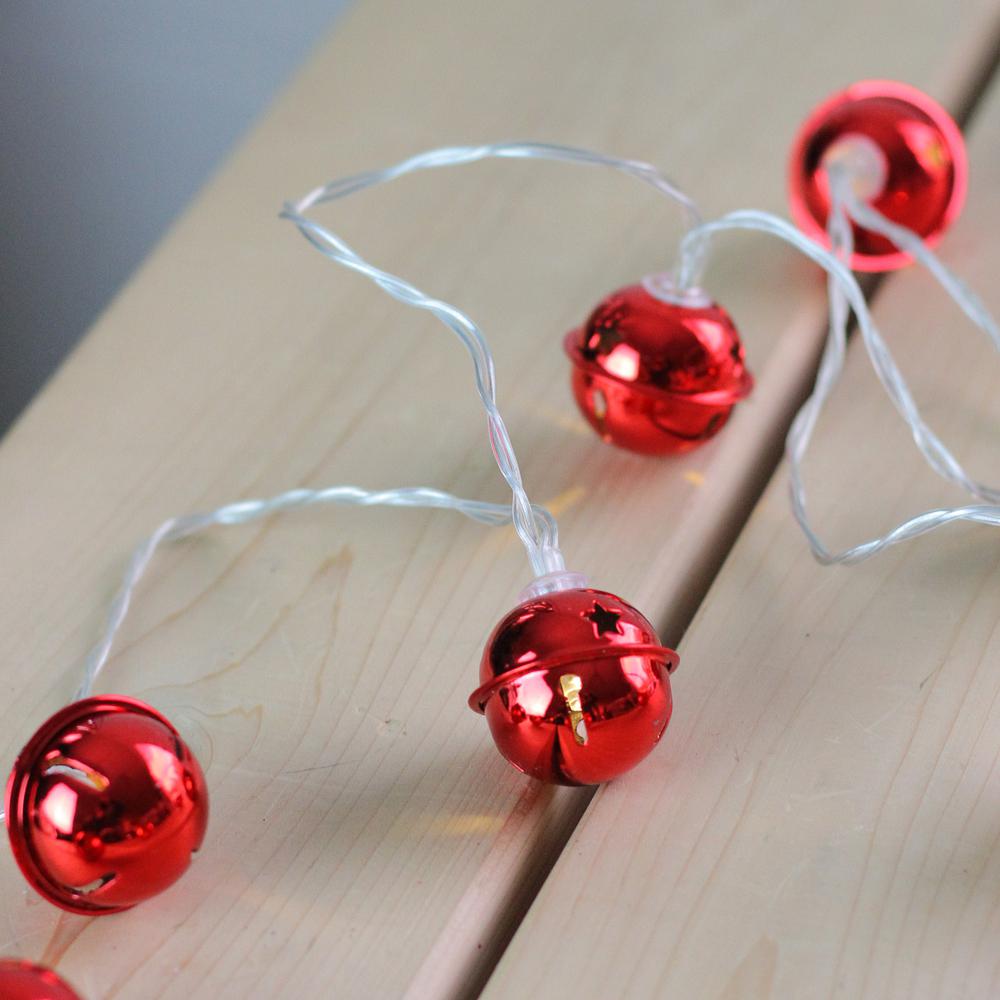 8 Battery Operated Red LED Jingle Bell Christmas Lights - Clear Wire. Picture 2