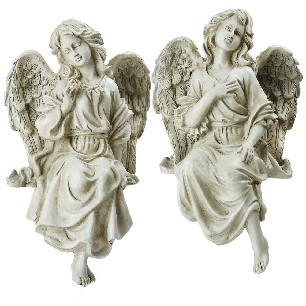 14" Gray Set of 2 Decorative Sitting Angel Outdoor Garden Statues. Picture 1