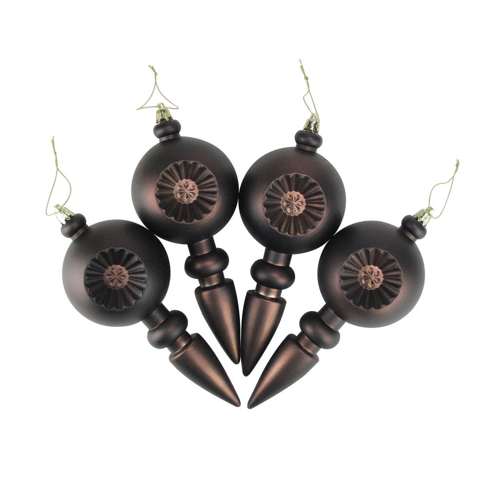 4ct Matte Brown Retro Reflector Shatterproof Christmas Finial Ornaments 7.5". Picture 2
