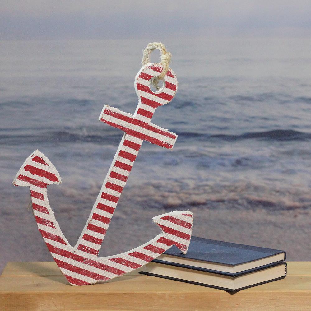15.75" Red and White Striped Nautical Anchor with Hanging Rope Wall Art. Picture 3