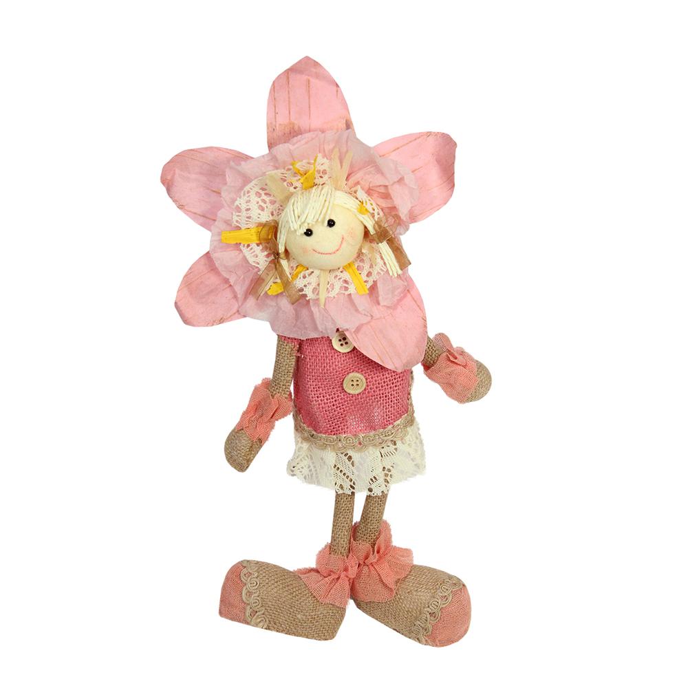 13.5" Pink  Cream and Tan Spring Floral Standing Sunflower Girl Decorative Figure. Picture 1