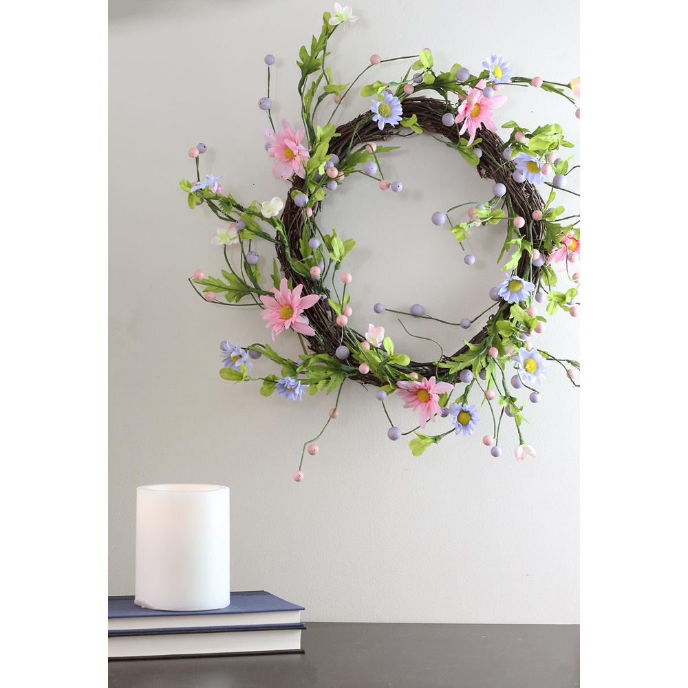 Daisy Twig Artificial Floral Wreath  Green and Pink 15-Inch. Picture 4