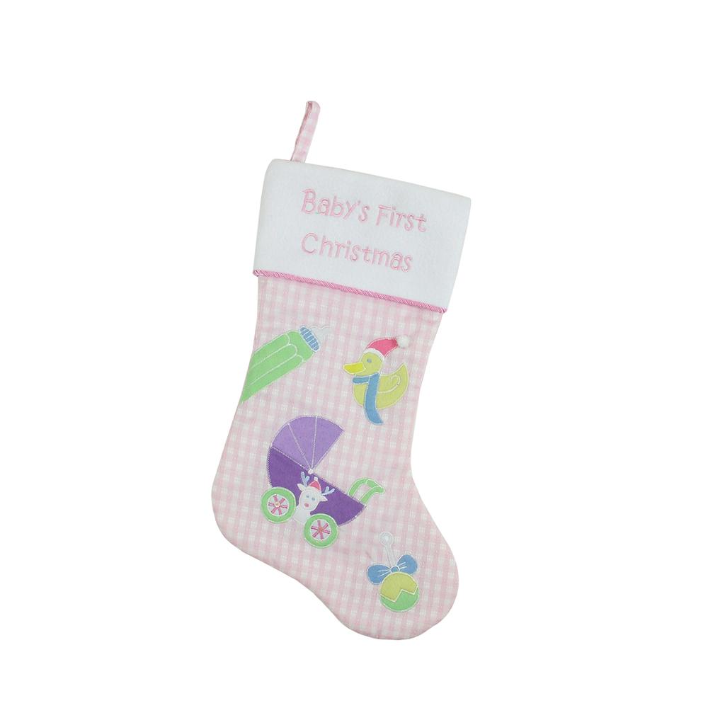 18.5" Pink and White "Baby's First Christmas" Embroidered Stocking. Picture 1