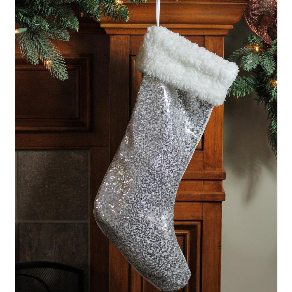 18" Silver Sequins With a White Faux Fur Trim Christmas Stocking. Picture 2