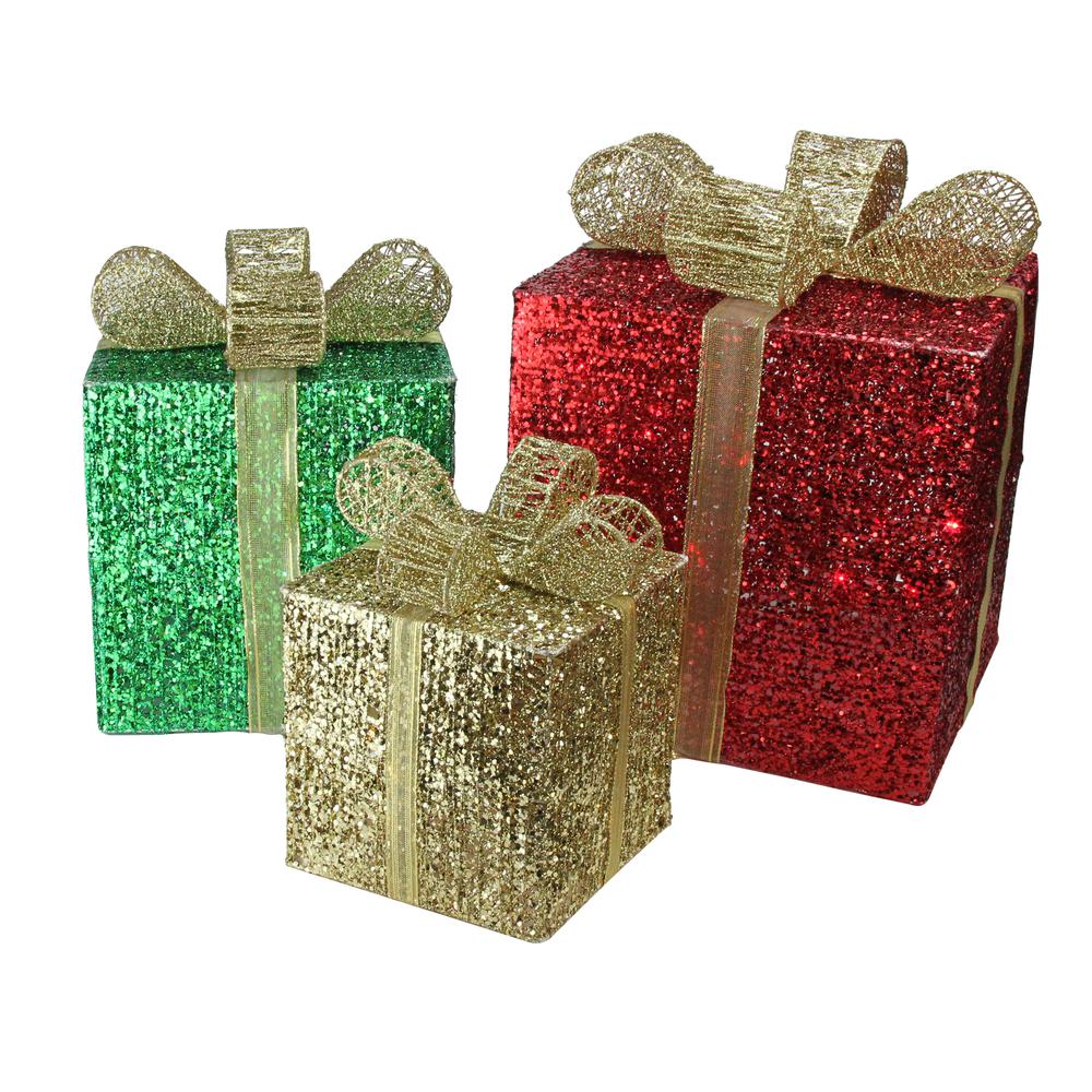 Set of 3 Red Pre-Lit Glittering Gift Boxes Christmas Outdoor Decor 15". Picture 1