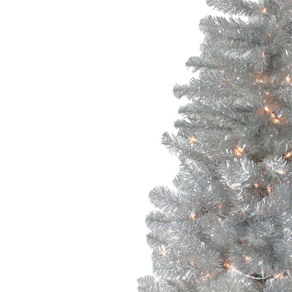 6.5' Pre-Lit Full Silver Metallic Tinsel Artificial Christmas Tree - Clear Lights. Picture 3