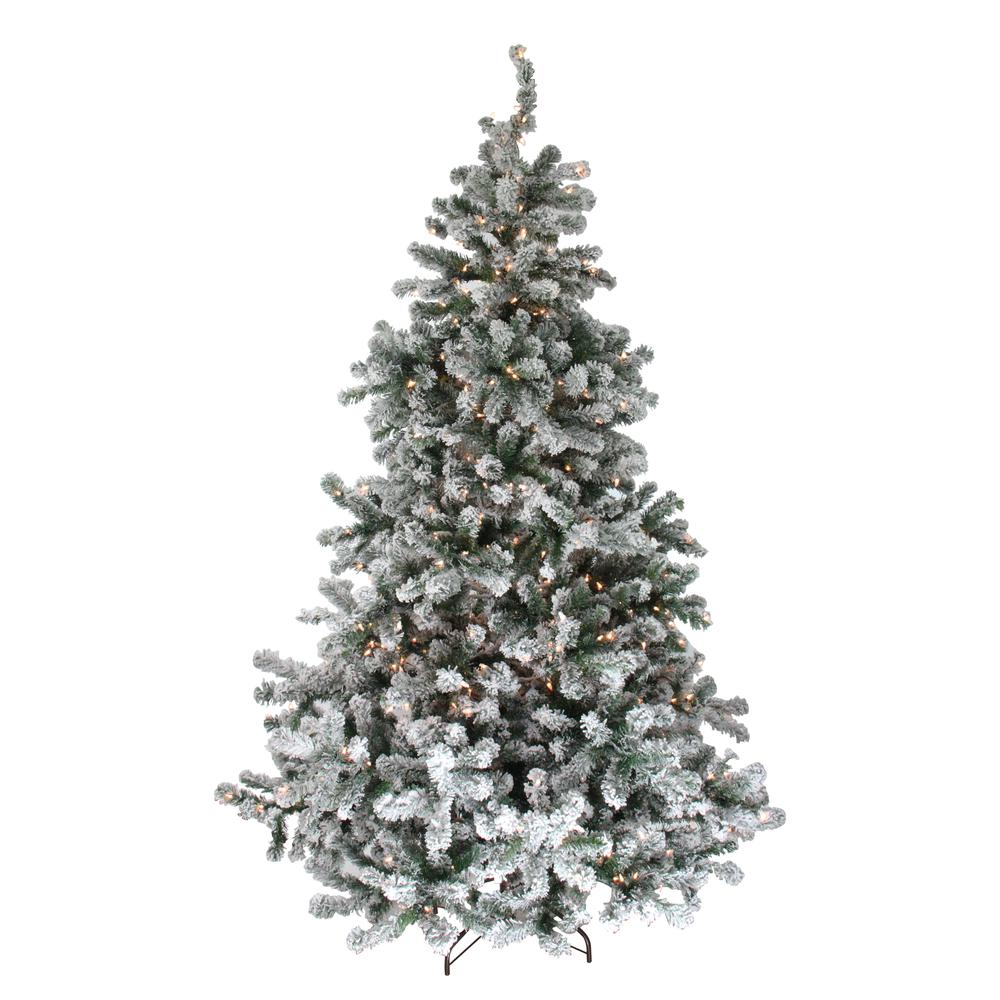 7.5' Pre-Lit Full Flocked Natural Emerald Artificial Christmas Tree - Warm Clear Lights. Picture 1