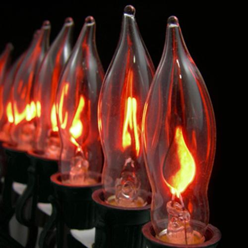 Set of 10 Flickering Amber Flame C7 Halloween Lights - 9' Green Wire. Picture 2