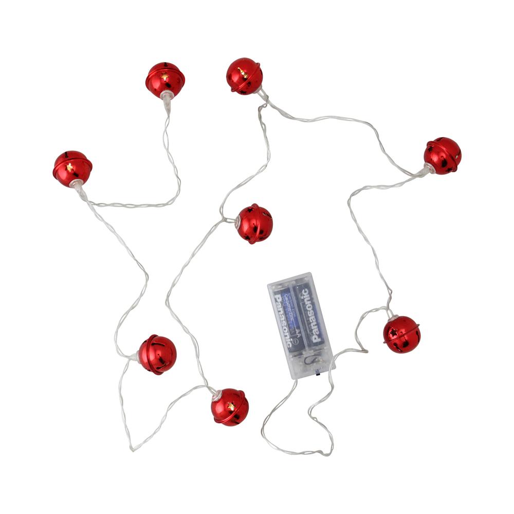 8 Battery Operated Red LED Jingle Bell Christmas Lights - Clear Wire. Picture 1