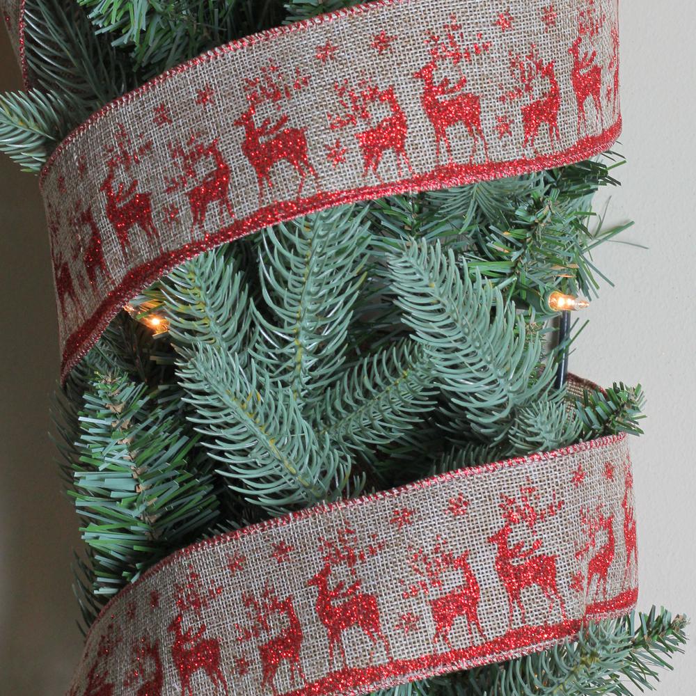 12" Red and Brown Burlap Reindeer Wired Christmas Craft Ribbon Spools - 2.5" x 12 Yards. Picture 3