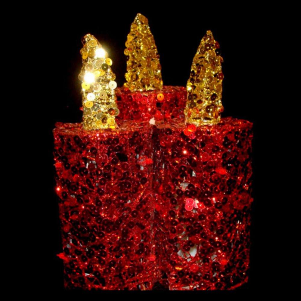 9" Red and Gold Flameless Sequin LED Lighted Christmas Pillar Candle Tabletop Decor. Picture 2