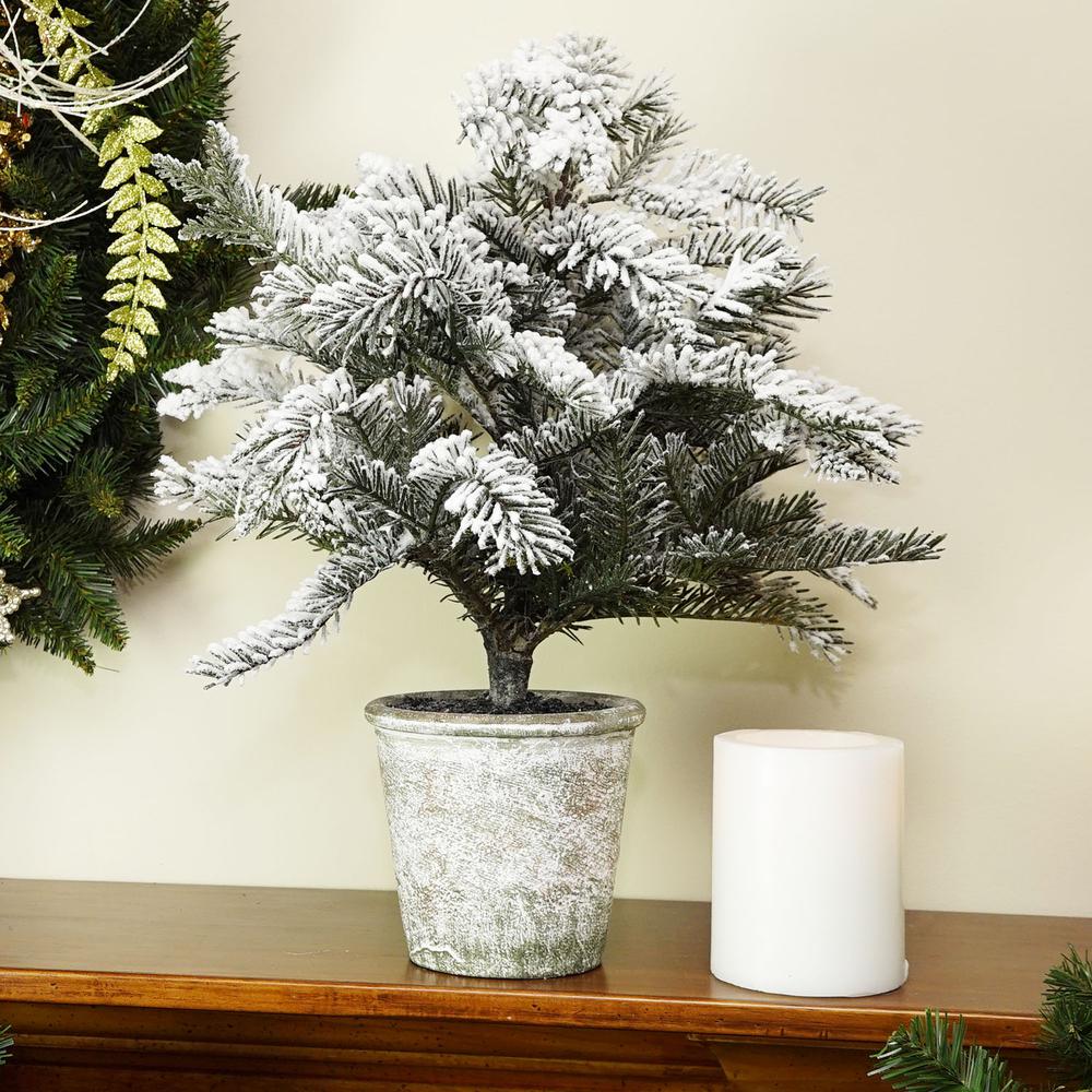 20" Flocked White and Green Artificial Pine Tree with a Pot. Picture 2