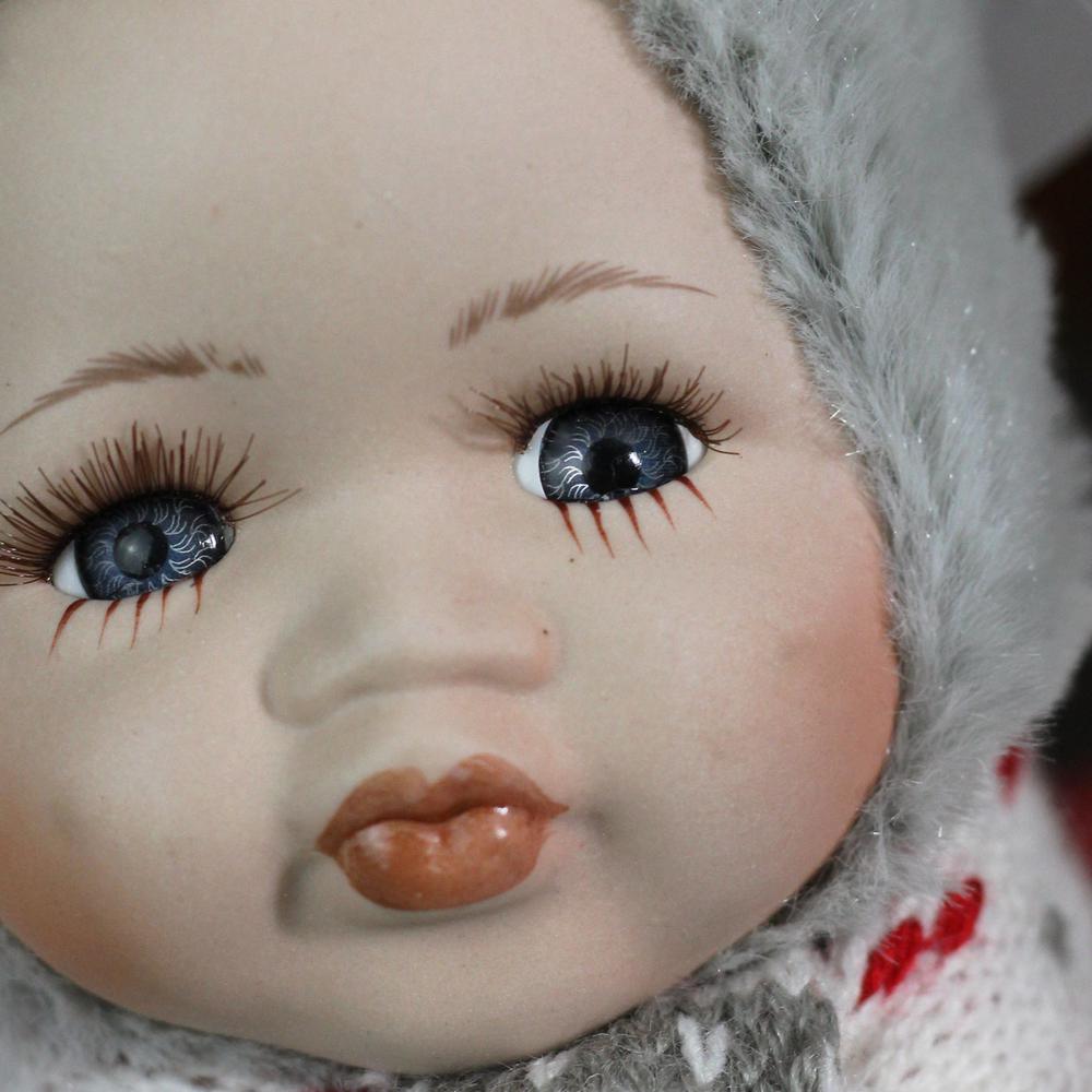 6.75" Gray and White Pucker Up Baby in Mouse Costume Collectible Christmas Doll. Picture 3